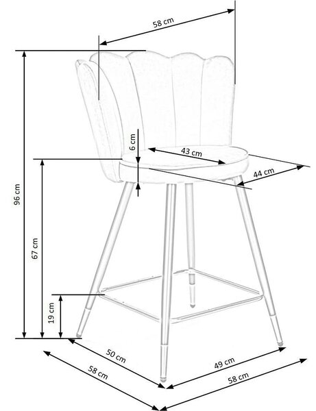 Scaun bar H106, gri/negru, stofa catifelata/otel, 55x58x96 cm