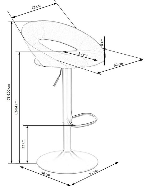 Scaun bar H102, negru, stofa catifelata/otel, 53x48x78/100 cm