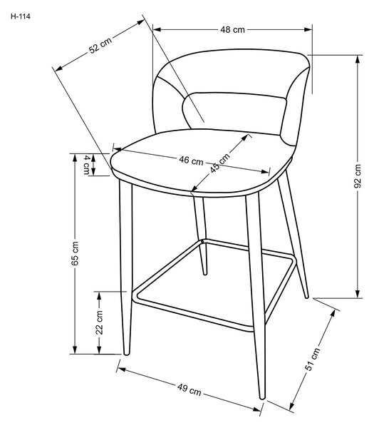 Scaun de bar bej H114, stofa clasica/otel, 48x52x92 cm