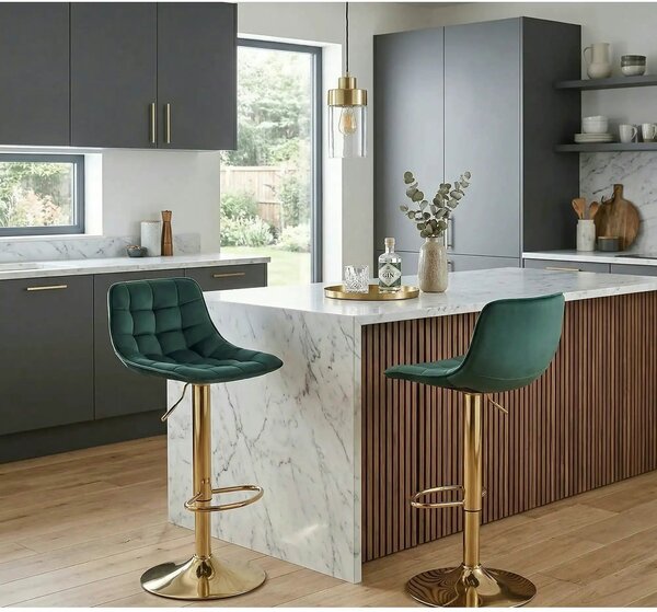 Scaun de bar auriu/verde H120, stofa catifelata/otel, 43x44x84/106 cm