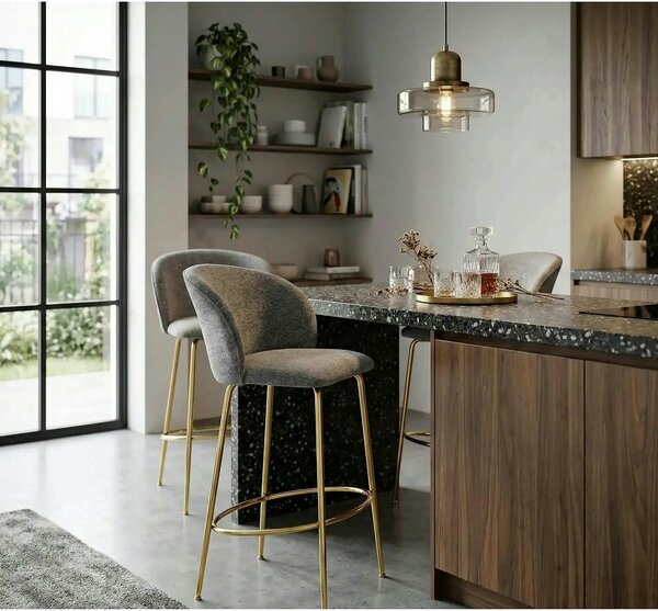 Scaun bar H116, gri/auriu, stofa bucle/otel, 50x59x101 cm