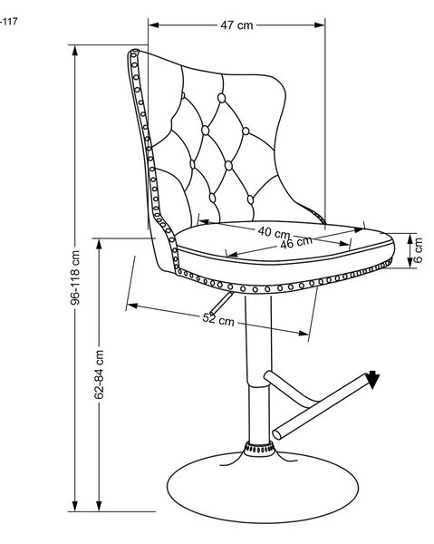 Scaun bar H117, gri/negru, stofa catifelata/otel, 47x52x96/118 cm