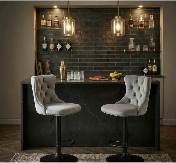 Scaun bar H117, gri/negru, stofa catifelata/otel, 47x52x96/118 cm