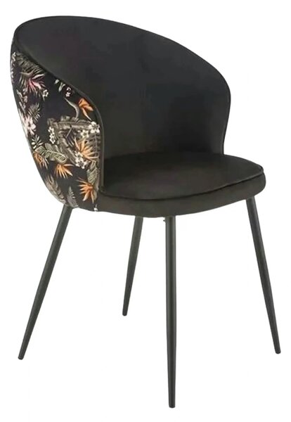 Scaun tapitat K506, negru, cu imprimeu floral, stofa catifelata, 55x60