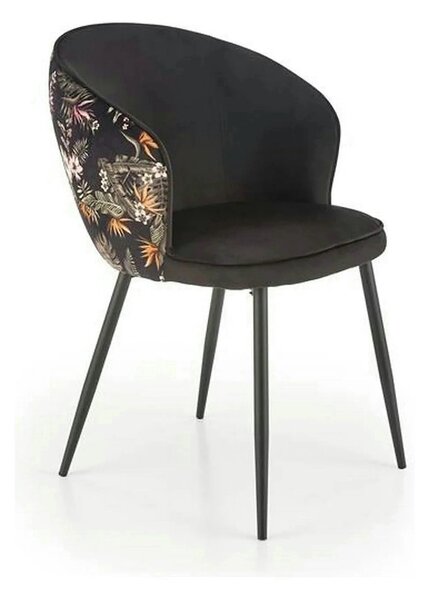 Scaun tapitat K506, negru, cu imprimeu floral, stofa catifelata, 55x60