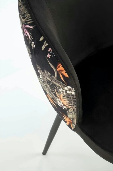 Scaun tapitat K506, negru, cu imprimeu floral, stofa catifelata, 55x60
