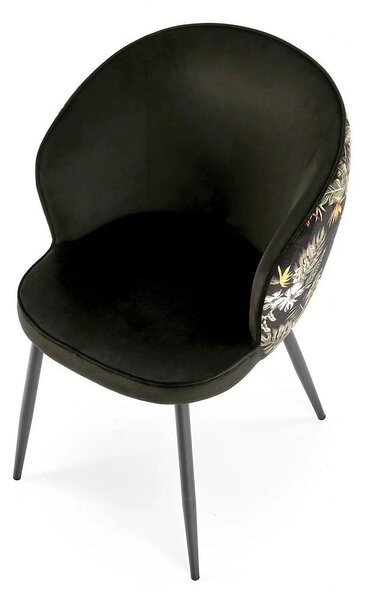 Scaun tapitat K506, negru, cu imprimeu floral, stofa catifelata, 55x60