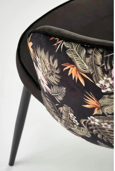 Scaun tapitat K506, negru, cu imprimeu floral, stofa catifelata, 55x60