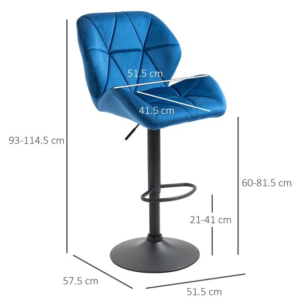Set 2 scaune de bar, rotative inaltime reglabila, catifea albastra, 51.5x57.5x93-114.5 cm HOMCOM | Aosom Romania