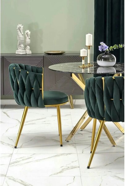 Scaun de dining K517, verde inchis/auriu, stofa catifelata/metal, 57x6