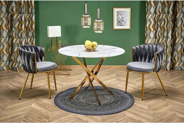 Scaun de dining K517, gri/auriu, stofa catifelata/metal, 57x60x79 cm