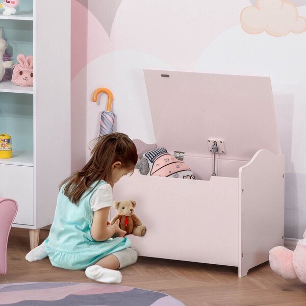 HOMCOM Bancă Depozitare Jucării Copii, Capac Pneumatic, Lemn, 60x40x48cm, Roz | Aosom Romania
