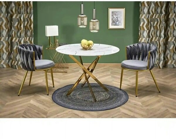 Masa bucatarie dimensiuni mici RAYMOND 2, alb/auriu, sticla/otel, 100x