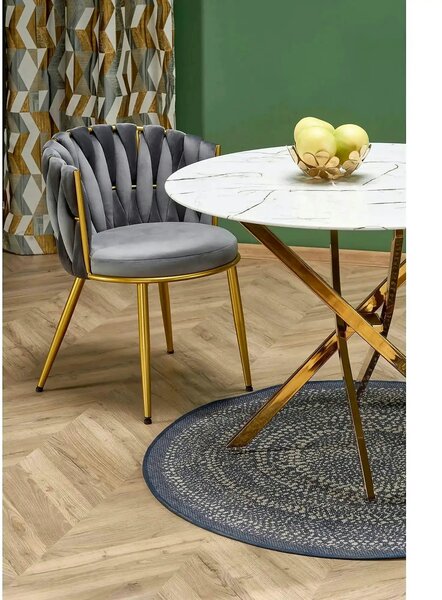 Masa bucatarie dimensiuni mici RAYMOND 2, alb/auriu, sticla/otel, 100x