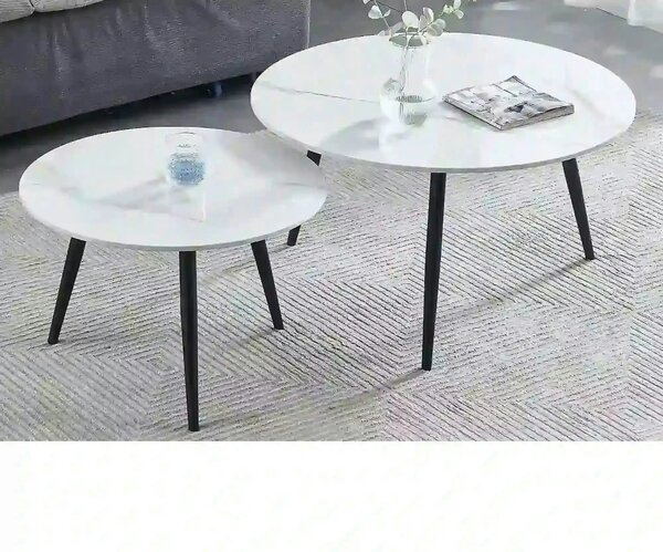 Set 2 masute cafea KORA D, alb cu efect de marmura/negru, ceramica/met
