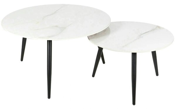 Set 2 masute cafea KORA D, alb cu efect de marmura/negru, ceramica/met