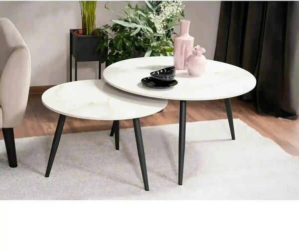 Set 2 masute cafea KORA D, alb cu efect de marmura/negru, ceramica/met
