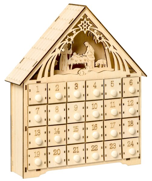 Calendar Advent din Lemn 24 Sertare Decoratiune de Craciun cu Nasterea Domnului Sculptata si Luminite, 26.6x6x30cm HOMCOM | Aosom RO