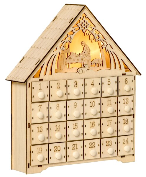 Calendar Advent din Lemn 24 Sertare Decoratiune de Craciun cu Nasterea Domnului Sculptata si Luminite, 26.6x6x30cm HOMCOM | Aosom RO