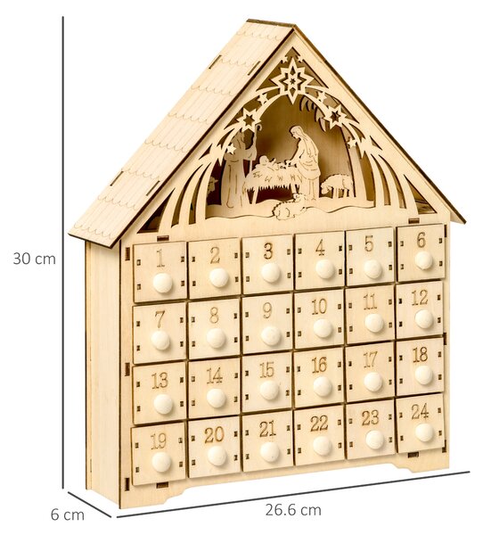 Calendar Advent din Lemn 24 Sertare Decoratiune de Craciun cu Nasterea Domnului Sculptata si Luminite, 26.6x6x30cm HOMCOM | Aosom RO