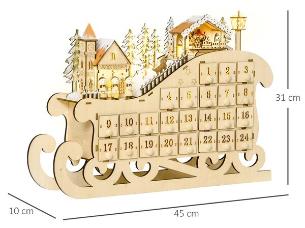 Calendar Advent din Lemn in Forma de Sanie cu 24 de Sertare de Umplut, Decoratiuni si Lumini 45x10x31cm HOMCOM | Aosom RO