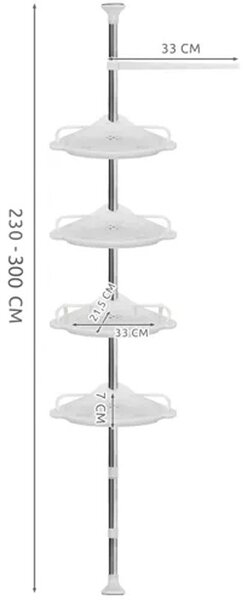 Etajera pentru baie, 4 rafturi, cuier, inaltime reglabila 230-300 cm, montare pe colt, alb