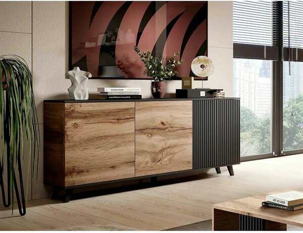 Comoda RANDOM KM-1, stejar wotan/negru, PAL furniruit, 160x40x82 cm