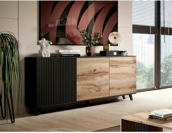Comoda RANDOM KM-1, stejar wotan/negru, PAL furniruit, 160x40x82 cm