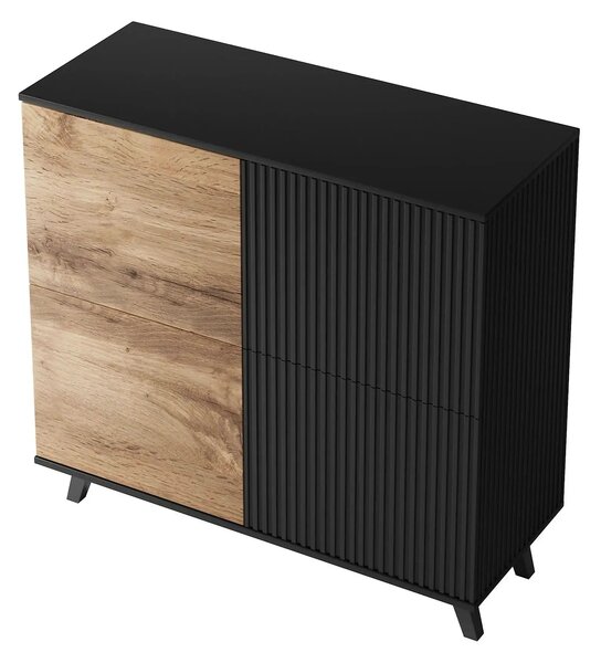 Comoda RANDOM KM-2, stejar wotan/negru, PAL furniruit, 100x40x95 cm