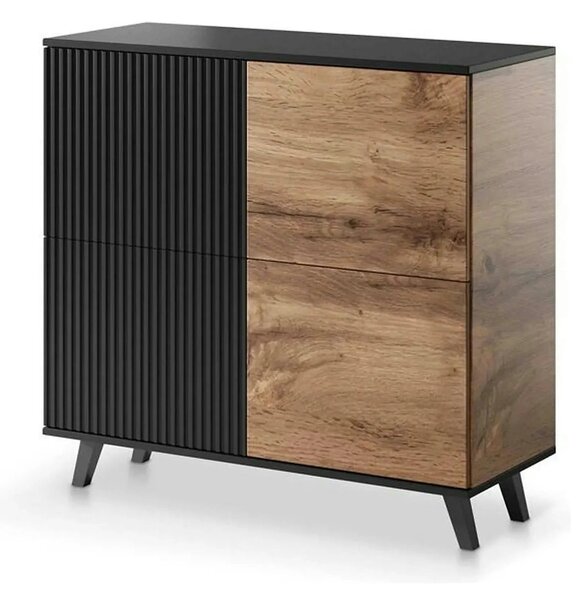 Comoda RANDOM KM-2, stejar wotan/negru, PAL furniruit, 100x40x95 cm
