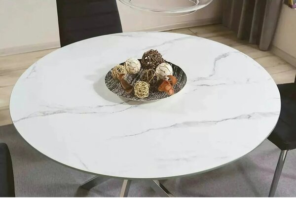 Masa AGIS, alb cu efect de marmura, sticla/metal, 90x90x73 cm