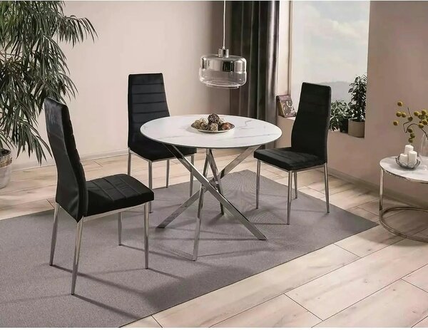 Masa AGIS, alb cu efect de marmura, sticla/metal, 90x90x73 cm
