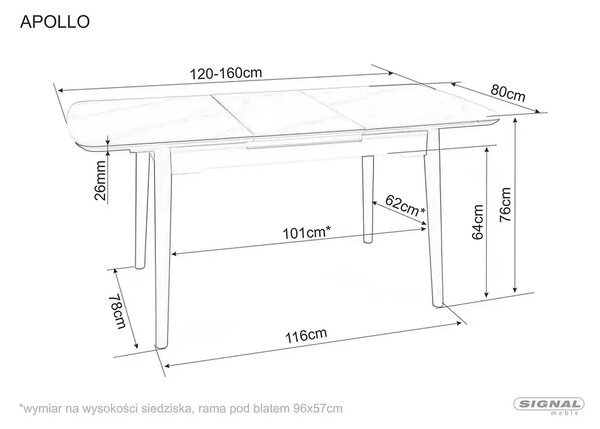 Masa extensibila APOLLO, alb cu efect de marmura/negru, 120/160x80x76