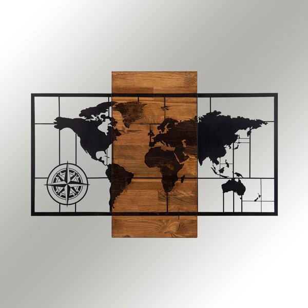 Decoratiune de perete lemn Harta Lumea, Negru, 85x58 cm