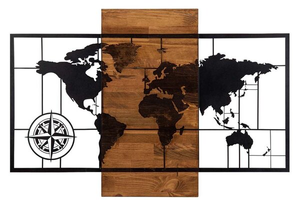 Decoratiune de perete lemn Harta Lumea, Negru, 85x58 cm
