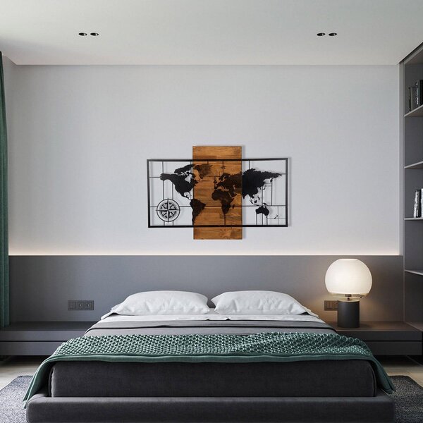 Decoratiune de perete lemn Harta Lumea, Negru, 85x58 cm