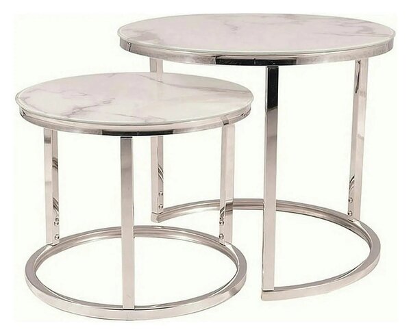 Set 2 masute cafea ATLANTA B II, alb cu efect de marmura/crom, sticla/