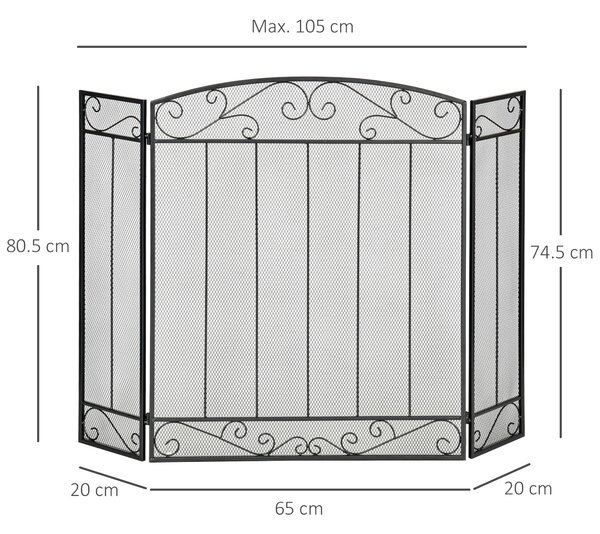 Parascantei pentru Semineu, protectie de scantei pentru semineu Pliabil, 3 Panouri Metal si Otel Negru 105x1,6x80,5cm HOMCOM | Aosom Romania