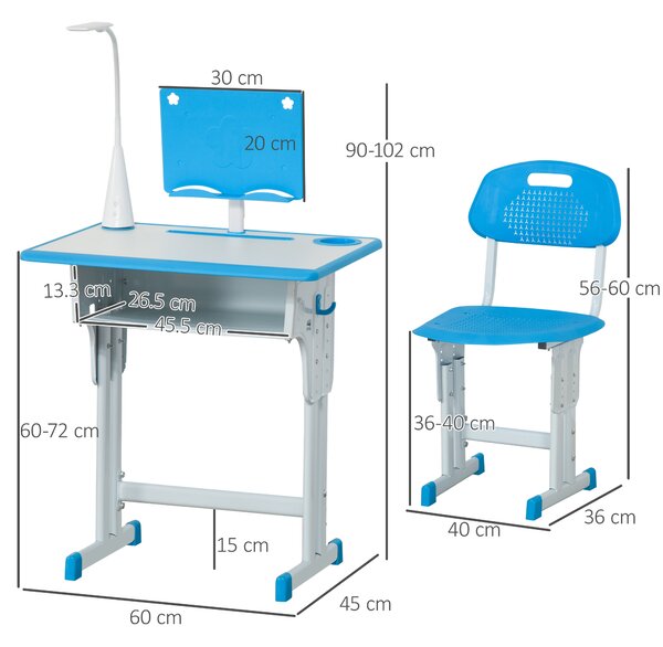 HOMCOM Bancă cu Scaun pentru Copii 6-12 ani cu Înălțime Reglabilă și Lampă LED, 60x45x90-102 cm, Albastru | Aosom Romania