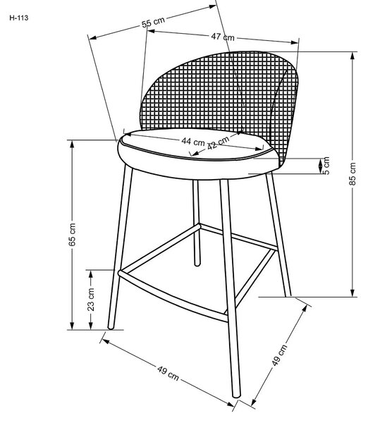 Scaun bar H113, negru/gri/auriu, stofa catifelata/otel, 47x55x85 cm