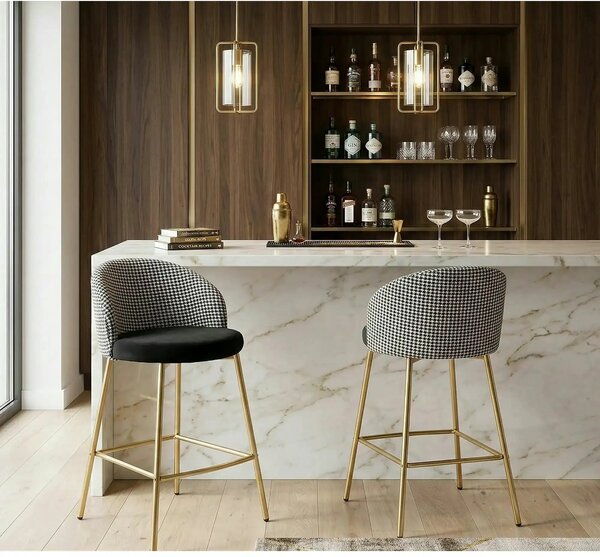 Scaun bar H113, negru/gri/auriu, stofa catifelata/otel, 47x55x85 cm