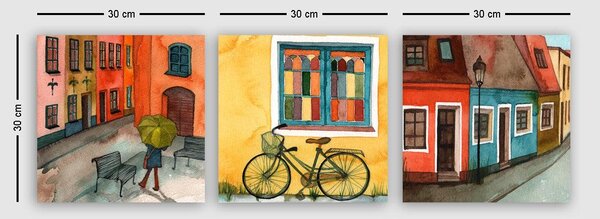 Tablou Canvas Strazi Sighisoara, 3 bucăți, Multicolor, 30x90 cm