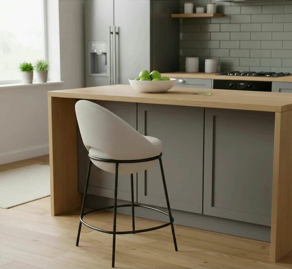 Scaun bar H118, bej deschis/negru, stofa clasica/otel, 53x57x90 cm