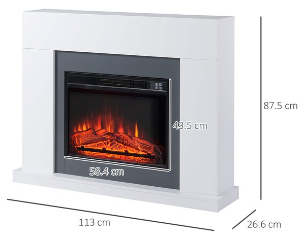 HOMCOM Semineu Electric de Perete cu Efect de Flacara e Incalzire, incalzitor pentru interior 2000W, Acoperire 37m², Timer 7 Zile, Alb | AOSOM RO