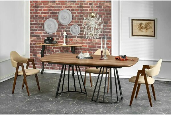 Scaun tapitat modern K344, bej/nuc, stofa clasica/metal, 51x57x82 cm