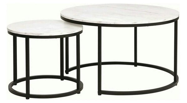 Set 2 masute cafea DION, alb cu efect de marmura/negru, PAL laminat/me