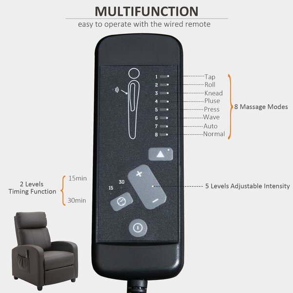 Fotoliu cu masaj HOMCOM cu 8 functii si 5 intensitati, maro | Aosom Romania
