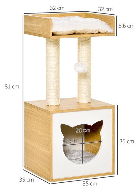 PawHut Căsuță Elegantă pentru Pisici, Design Modern Stejar și Alb, 35x35x81cm | Aosom Romania