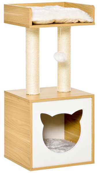 PawHut Căsuță Elegantă pentru Pisici, Design Modern Stejar și Alb, 35x35x81cm | Aosom Romania