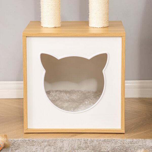 PawHut Căsuță Elegantă pentru Pisici, Design Modern Stejar și Alb, 35x35x81cm | Aosom Romania